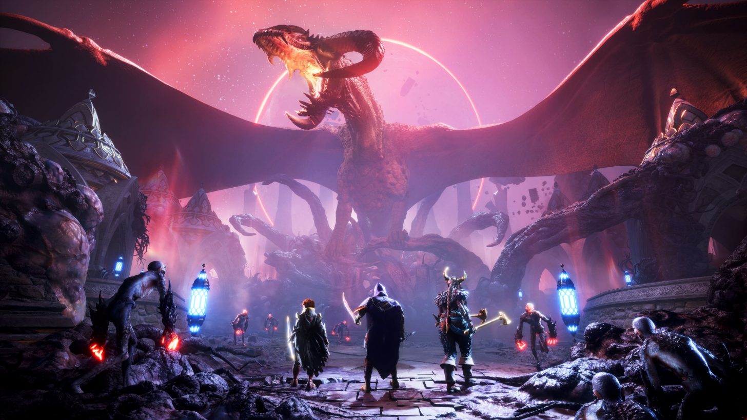 A massive red dragon screeches, overlooking three characters from Dragon Age: The Veilguard who have their weapons at the ready