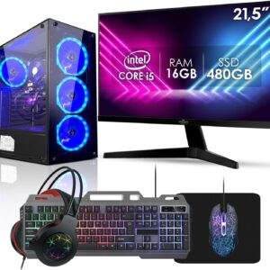 Computador Pc Gamer Completo RGB Intel Core i5 16GB SSD 480GB Kit Gamer Fonte 400W Monitor 21,5" Strong Tech