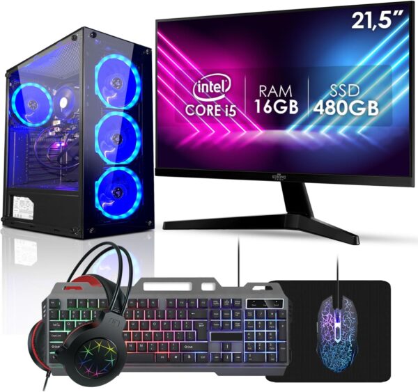 Computador Pc Gamer Completo RGB Intel Core i5 16GB SSD 480GB Kit Gamer Fonte 400W Monitor 21,5" Strong Tech