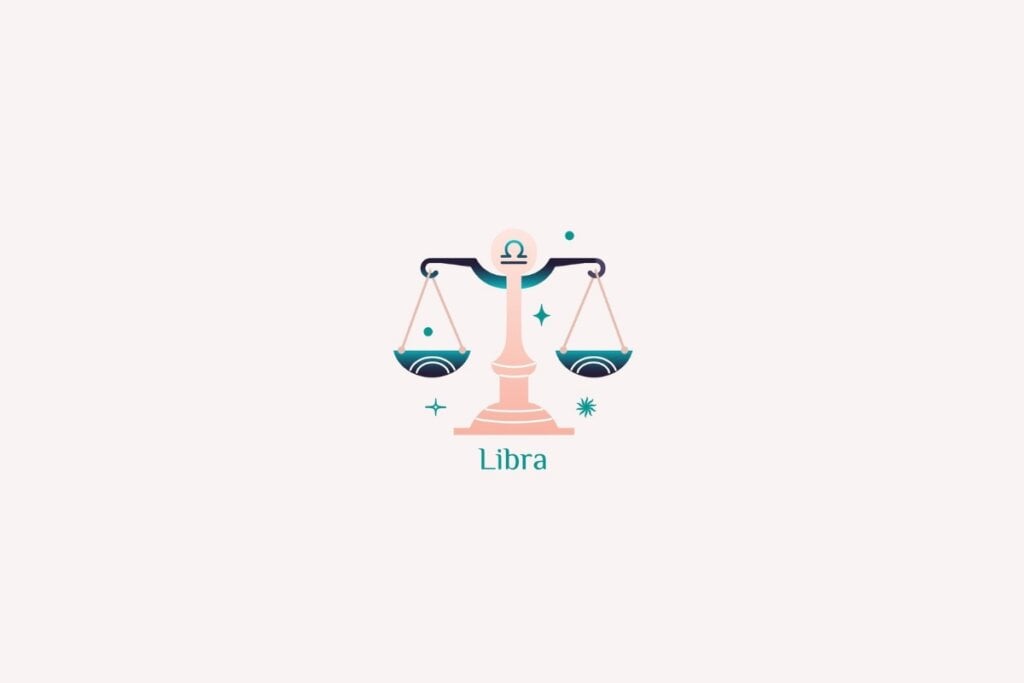 Ilustração do signo de Libra na cor rosa, verde e preto em um fundo rosa