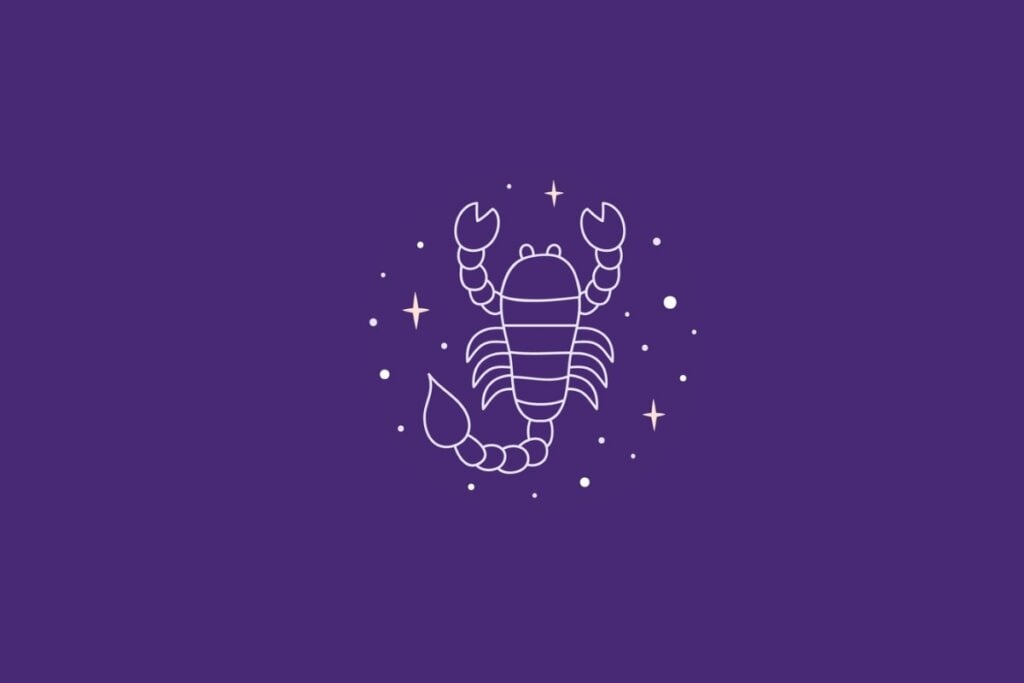 Ilustração do signo de escorpião em um fundo roxo rodeado por estrelas