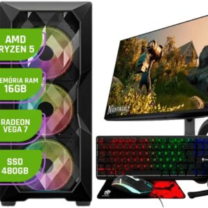 PC Gamer Alligator Shop AMD Ryzen 5 4600G Memoria RAM 16GB DDR4 SSD 480GB Vega 7 Fonte 500W Monitor 21.5 Polegadas