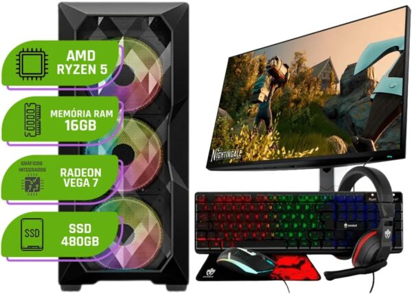 PC Gamer Alligator Shop AMD Ryzen 5 4600G Memoria RAM 16GB DDR4 SSD 480GB Vega 7 Fonte 500W Monitor 21.5 Polegadas