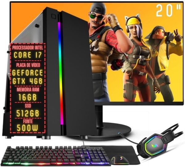 PC Gamer Completo 3green FPS Intel Core i7 16GB RAM Placa de vídeo Geforce GTX 4GB SSD 512GB Monitor 20" 75Hz Fonte 500W 3GF-038