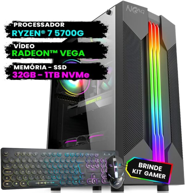 Pc Gamer Computador Completo NoLag Amd Ryzen 7, Radeon™ Graphics Vega, 32GB Ram, SSD 1TB NVMe, Gabinete RGB