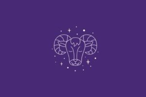 Ilustração do signo de capricórnio em um fundo roxo rodeado por estrelas