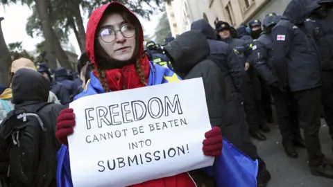 EPA Um manifestante vestindo uma jaqueta com capuz e luvas carrega uma placa que diz "A liberdade não pode ser derrotada até a submissão" fora do parlamento da Geórgia em 14 de dezembro