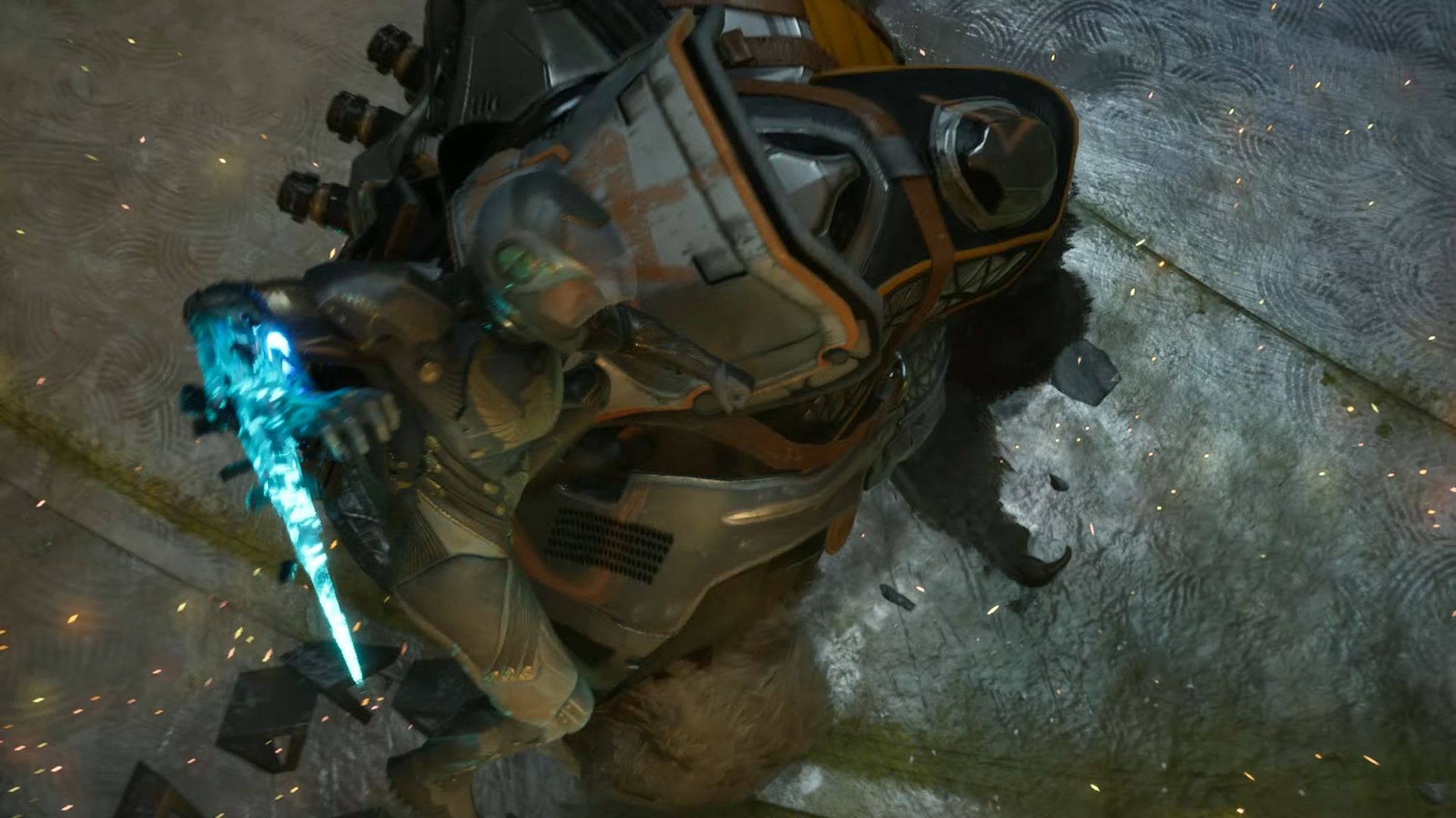 Trailer do jogo Exodus ainda - cara que definitivamente não é o Comandante Shepard empunhando uma arma que definitivamente não é uma Omni-Blade prestes a esfaquear um urso espacial gigante e furioso