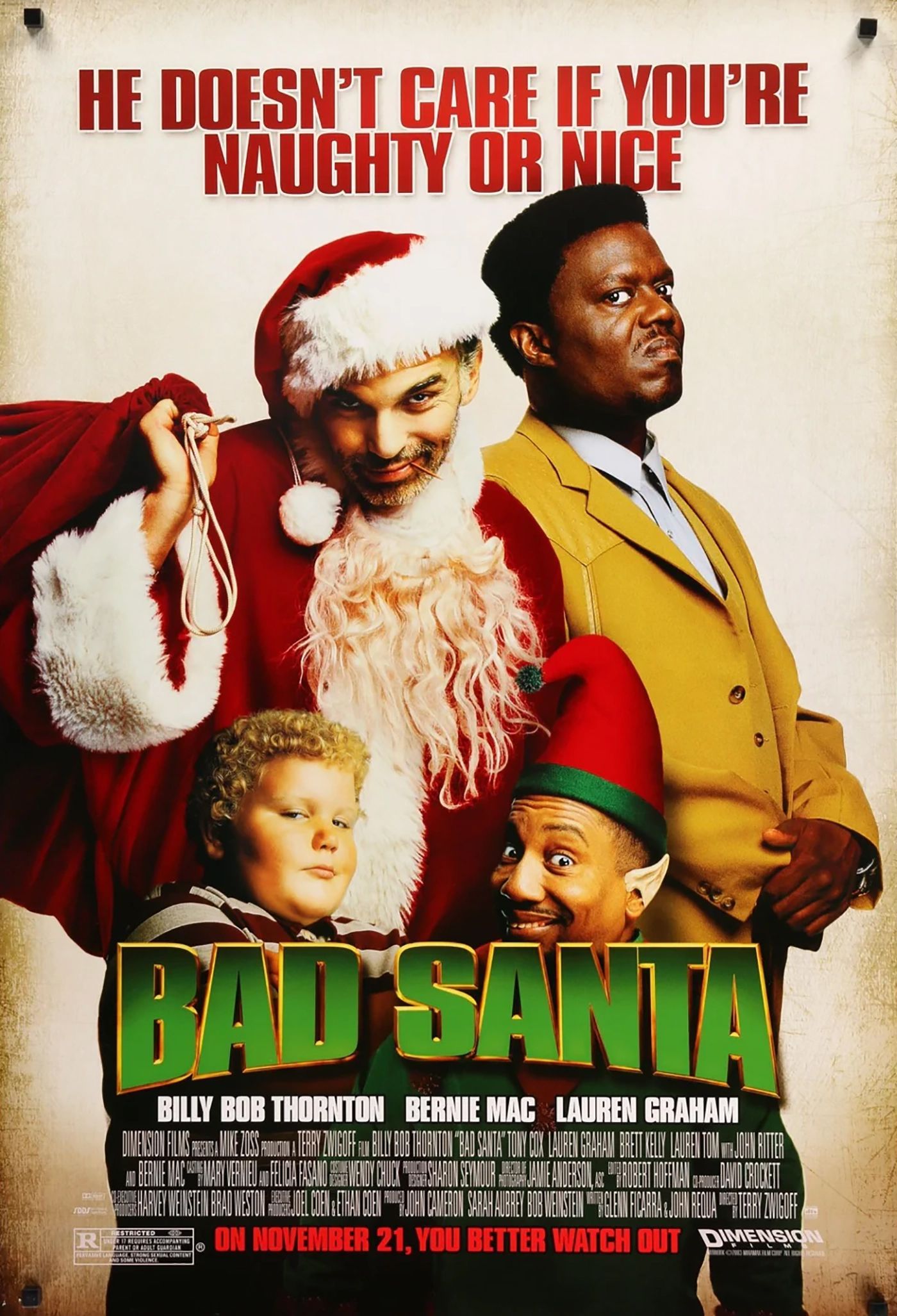 Billy Bob Thornton, Tony Cox, Brett Kelly e Bernie Mac no pôster do filme Bad Santa