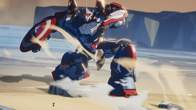 Mech do Capitão América com um escudo lutando no deserto em What If...?