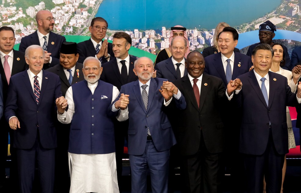 Cobertura do G20 no Rio de Janeiro. Na foto, líderes mundiais se reúnem para foto  — Foto: Gabriel de Paiva/ Agência O Globo