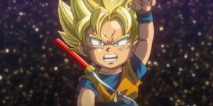 Goku Mini prepara um Kamehameha em Dragon Ball DAIMA's