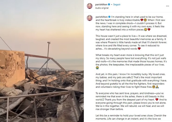 Postagem de Paris Hilton em sua conta do Instagram, mostrando e contando como sua casa em Hollywood foi destruída.