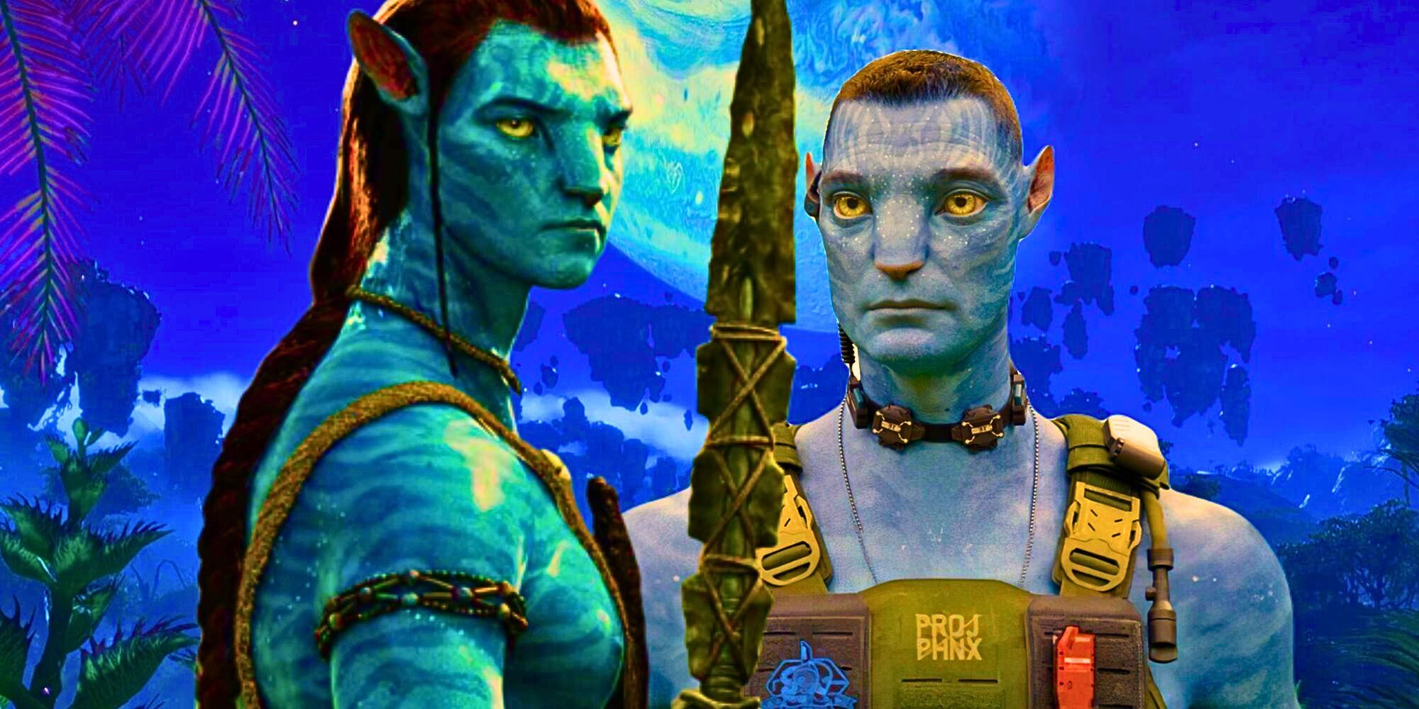 Uma imagem personalizada do Recombinante de Jake Sully e Miles Quartich em Avatar contra um cenário de Pandora