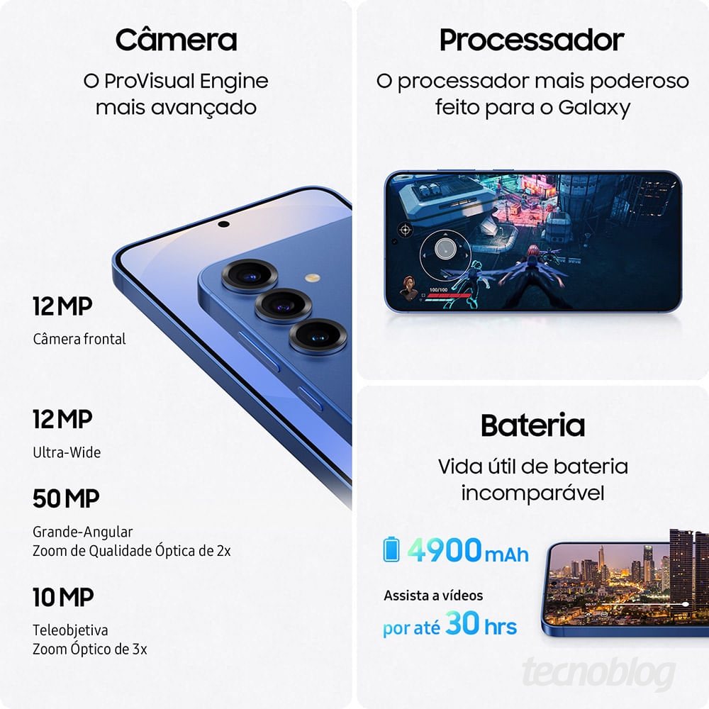 Imagem com especificações de câmera, processador e bateria do Galaxy S25 Plus