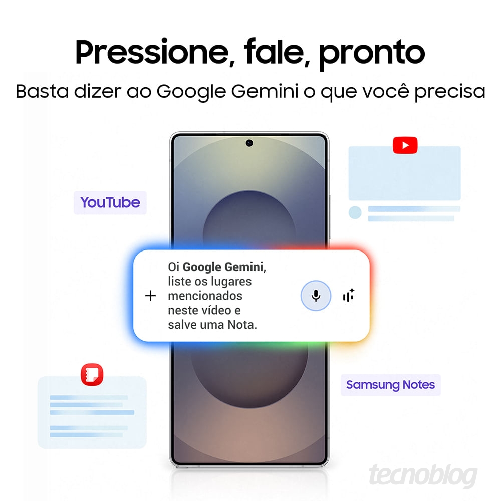 Tela mostrando Gemini integrado com YouTube e Samsung Notes