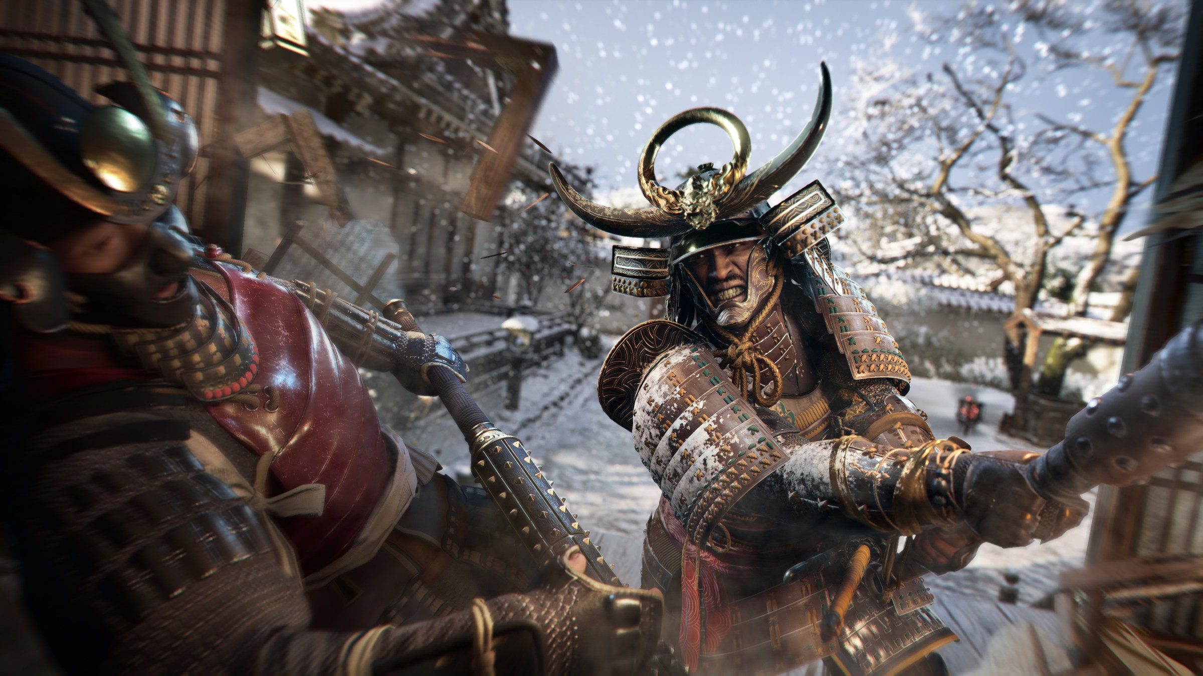 A prévia de Assassin's Creed Shadows mostra que os fãs de jogos AC esperaram 3 Samurai Yasuke ataca um samurai inimigo em uma captura de tela nevada de Assassin's Creed Shadows