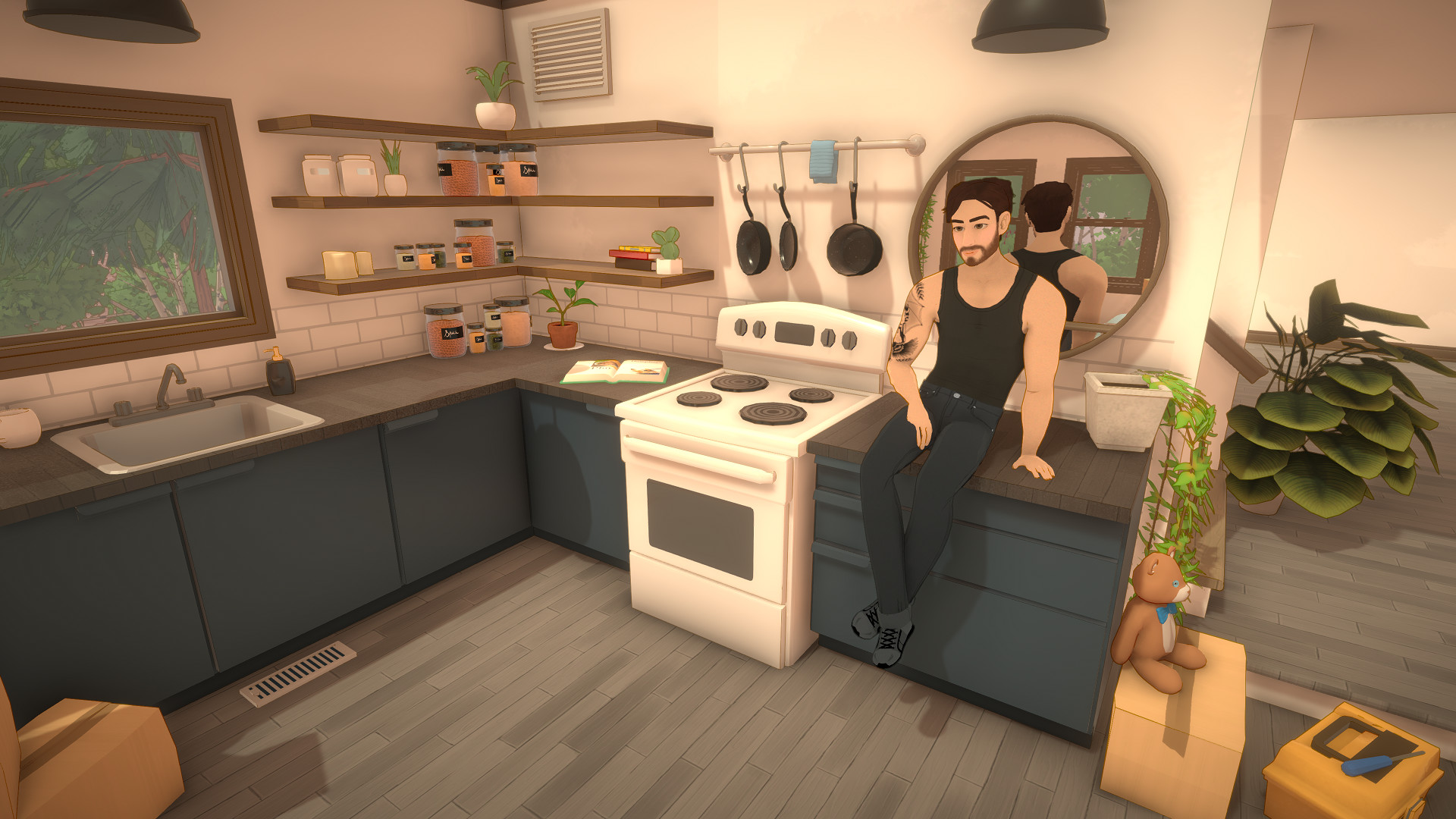 Paralives - Um personagem sentado no balcão da cozinha