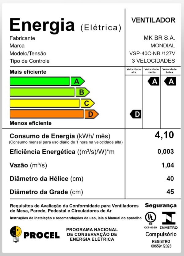 Ventilador Coluna 127V, 40cm, 6 pás, Super Power - VSP-40C-B, MONDIAL - Image 8