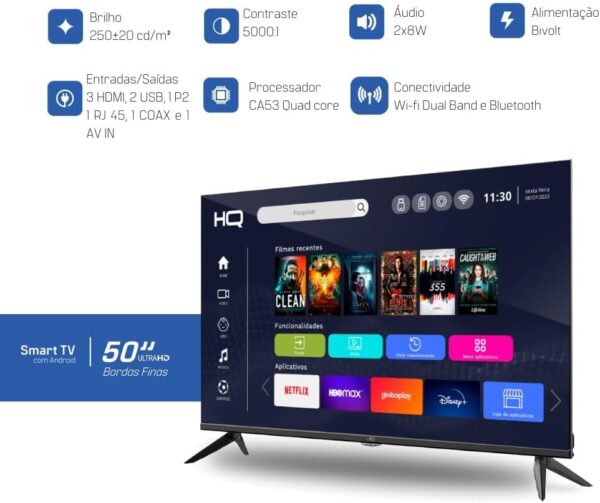 Smart TV 50" HQ UDE50HR315LN 4K com Conversor Digital 3 HDMI 2 USB WI-FI Android 11 Design Slim e Tela Frameless - Image 3