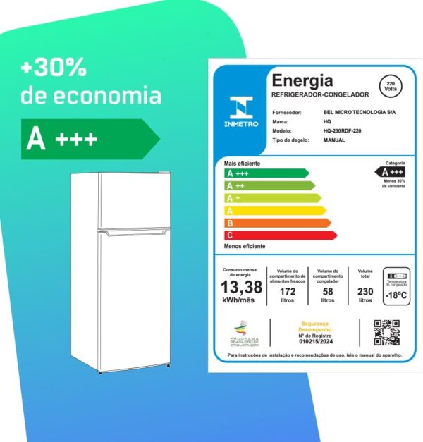 Geladeira Refrigerador HQ Defrost 230 Litros Branco HQ-230RDF (127V) - Image 7