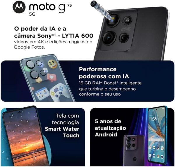 Smartphone Motorola Moto g75 5G 256GB 16GB Ram Boost 50MP Sony Lytia 600 Camera Moto AI Ultrarresistencia militar - Preto - Image 3