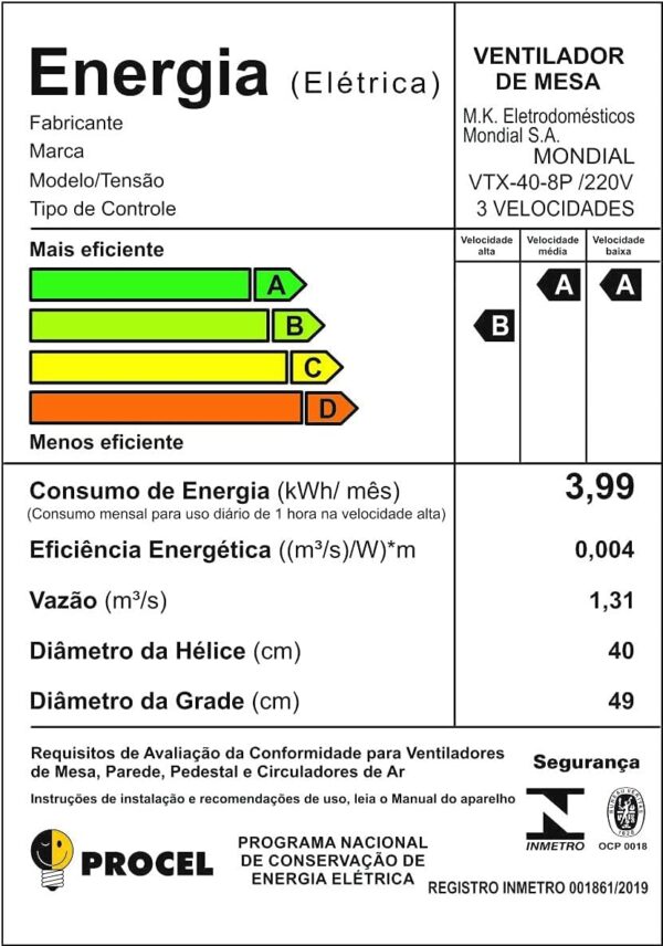 Ventilador 40cm Super Turbo 8 Pás, Mondial, Preto/Prata, 140W, 220V - VTX-40-8P - Image 7