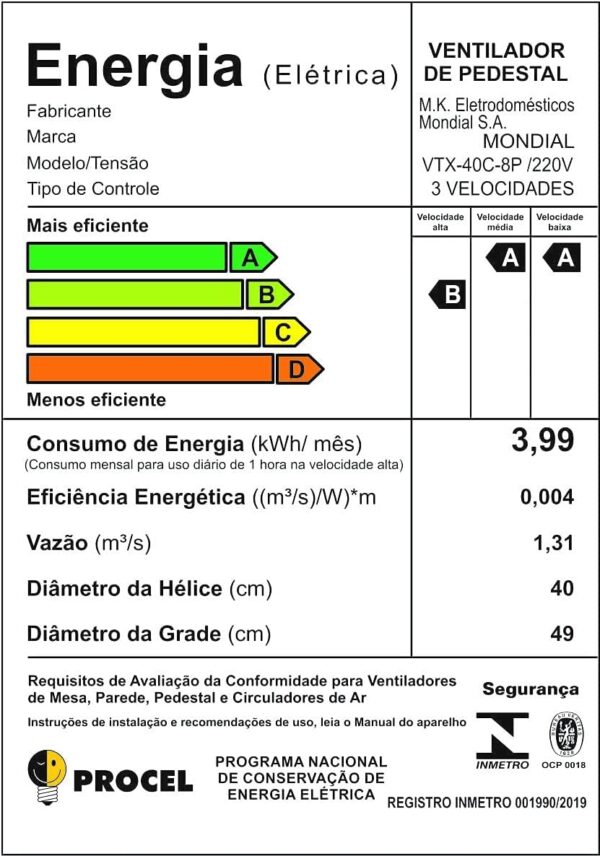 Ventilador Coluna 40cm Super Turbo 8 Pás, Mondial, Preto/Prata, 140W, 110V - VTX-40C-8P - Image 4