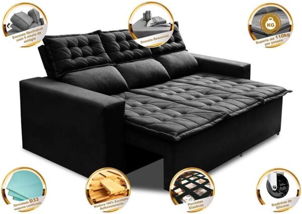 Sofá 3 Lugares Retrátil e Reclinável Cama Inbox Slim 2,00m Velusoft Preto - Image 3