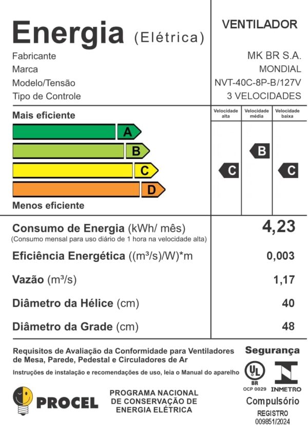 Ventilador de Coluna 40cm Turbo, Mondial, Preto/Prata, 140W, 110V - NVT-40C-8P-B - Image 8