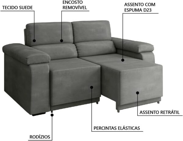 Sofá Retrátil Desmontável Suede 2 Lugares Fox (CINZA) - Image 6