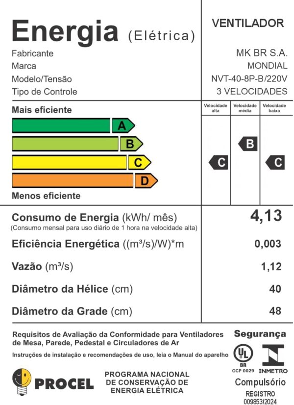 Ventilador de Mesa 40cm Turbo, Mondial, Preto/Prata, 140W, 110V - NVT-40-8P-B - Image 7