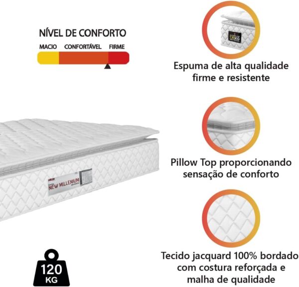 Colchão Solteiro Espuma D33 Pillow Top New Millenium Branco Hellen – Suporta Até 120 Kg Por Pessoa (Solteiro) - Image 3