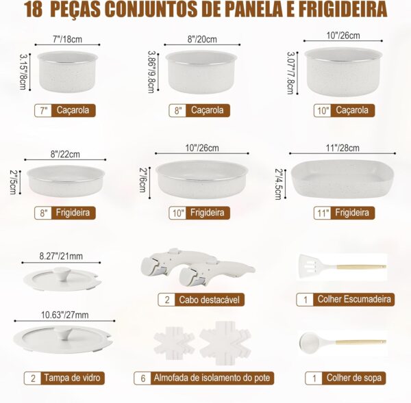 Jogo de Panelas 18 Peças, Conjunto de panelas antiaderentes Punho destacável, Conjuntos de panelas de cozinha de indução antiaderente com alça removível - Image 2