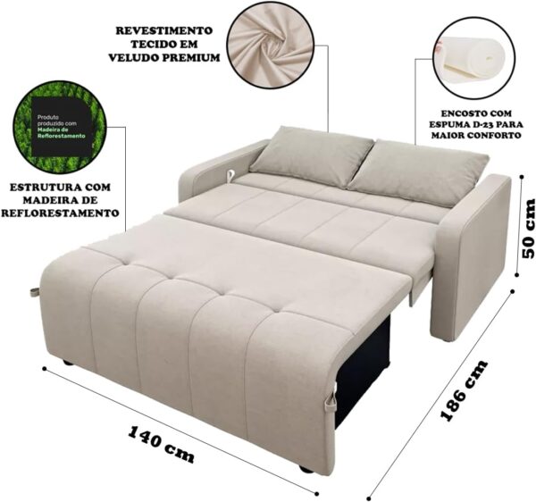 Sofá Cama Casal 3 Lugares Veloplus Bege Premium Com Almofadas Reclinável e Retrátil - Image 2