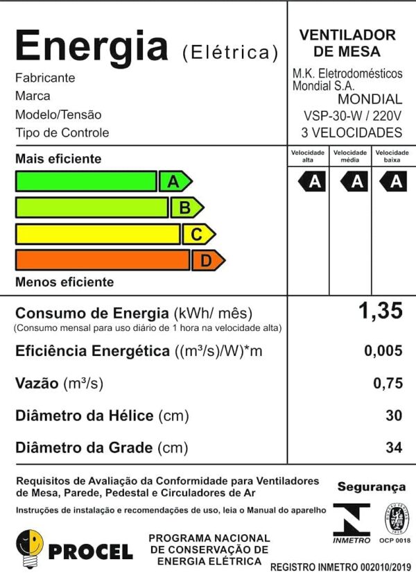 Ventilador de Mesa MONDIAL 127V, 30cm, 6 pás, Super Power - VSP-30-W - Image 2