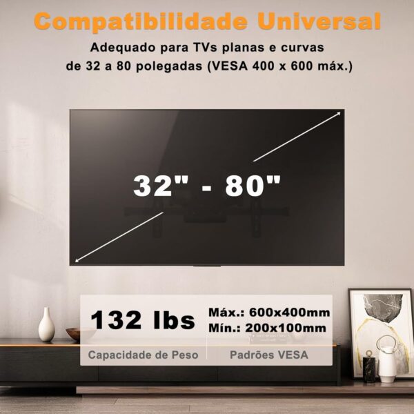 Suporte Articulado de Parede para TV, Ajuste Livre, Adequado para TVs Planas e Curvas de 32 a 80 Polegadas (VESA 400 x 600 Max), Suporta um Peso Máximo de 60 Quilogramas, Instalação Fácil (Preto) - Image 2