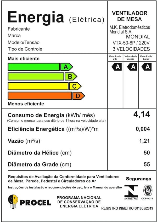 Ventilador 50cm Super Turbo 8 Pás, Mondial, Preto/Prata, 150W, 110V - VTX-50-8P - Image 2