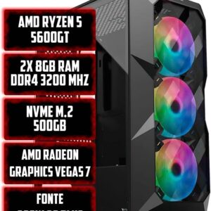 PC Gamer LEX AMD Ryzen 5 5600GT, Placa-Mãe A520M, 16GB DDR4 3200MHz, NVME 500GB, Fonte 600W 80 Plus, Gabinete 3 Ventoinhas RGB