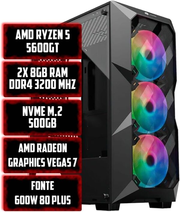 PC Gamer LEX AMD Ryzen 5 5600GT, Placa-Mãe A520M, 16GB DDR4 3200MHz, NVME 500GB, Fonte 600W 80 Plus, Gabinete 3 Ventoinhas RGB