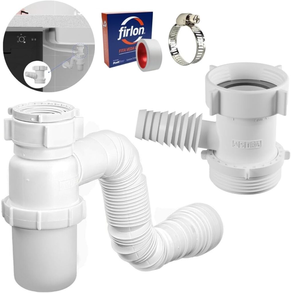 Adaptador Para Máquina de Lavar Louça + Sifão Copo Universal + Abraçadeira 1" + Fita Veda Rosca 9 61rToRV rL. AC SL1200