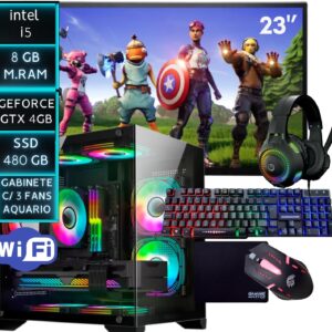 Computador pc gamer completo Intel Core i5 8GB SSD 480GB Placa de video GeForce GTX 4G Monitor HDMI 23 Polegadas kit gamer completo teclado mouse headset e mousepad wifi usb Gabinete aquario 3 fans