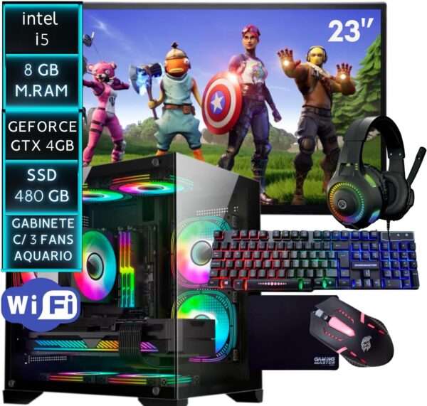 Computador pc gamer completo Intel Core i5 8GB SSD 480GB Placa de video GeForce GTX 4G Monitor HDMI 23 Polegadas kit gamer completo teclado mouse headset e mousepad wifi usb Gabinete aquario 3 fans