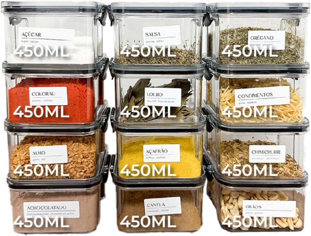 Kit 12 Potes Herméticos 450ml | Porta Mantimentos Temperos Condimentos| Organizador Empilhável Cozinha Armário | BPA Free | Armazenamento em Geladeira Freezer | Tipo Acrílico 29 71QhTQm3BcL. AC SL1200
