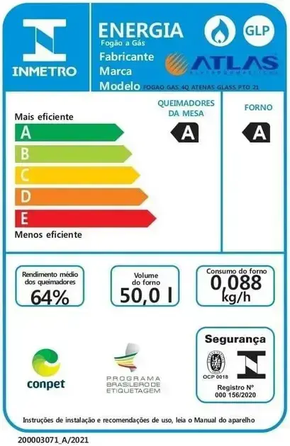 Fogão em perspectiva frontal, com fundo azul e informações organizadas.