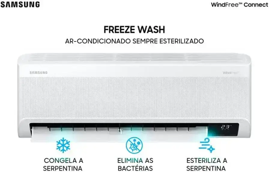 Imagem frontal do ar condicionado, com fundo branco simples.