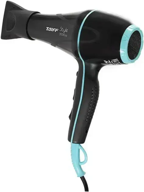 Lateral view of hair dryer with a white background.