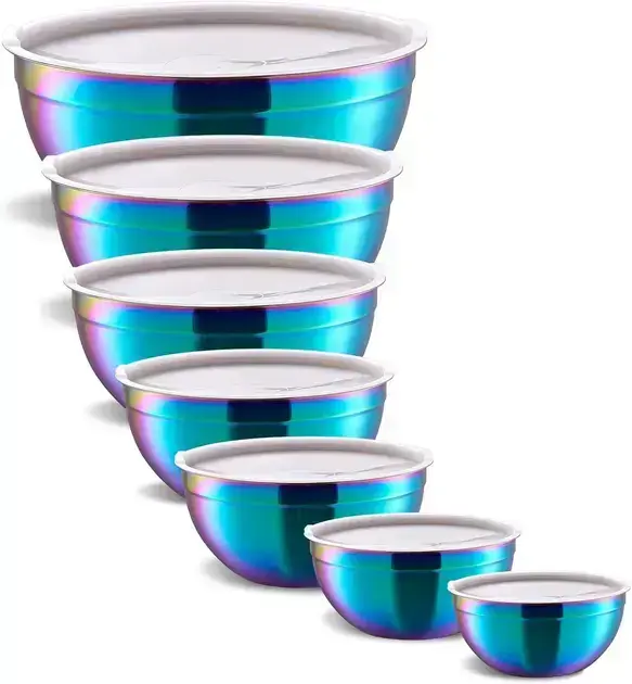 Conjunto de Bowls 7 peças Tigelas de Inox com Tampa Plástica potes hermeticos saladeira Ideal para assar, preparar, tamanho 6,5, 3,4, 2,5, 2,0, 1,5, 1, 0,75 L, design empilhável (Colorido, 7)