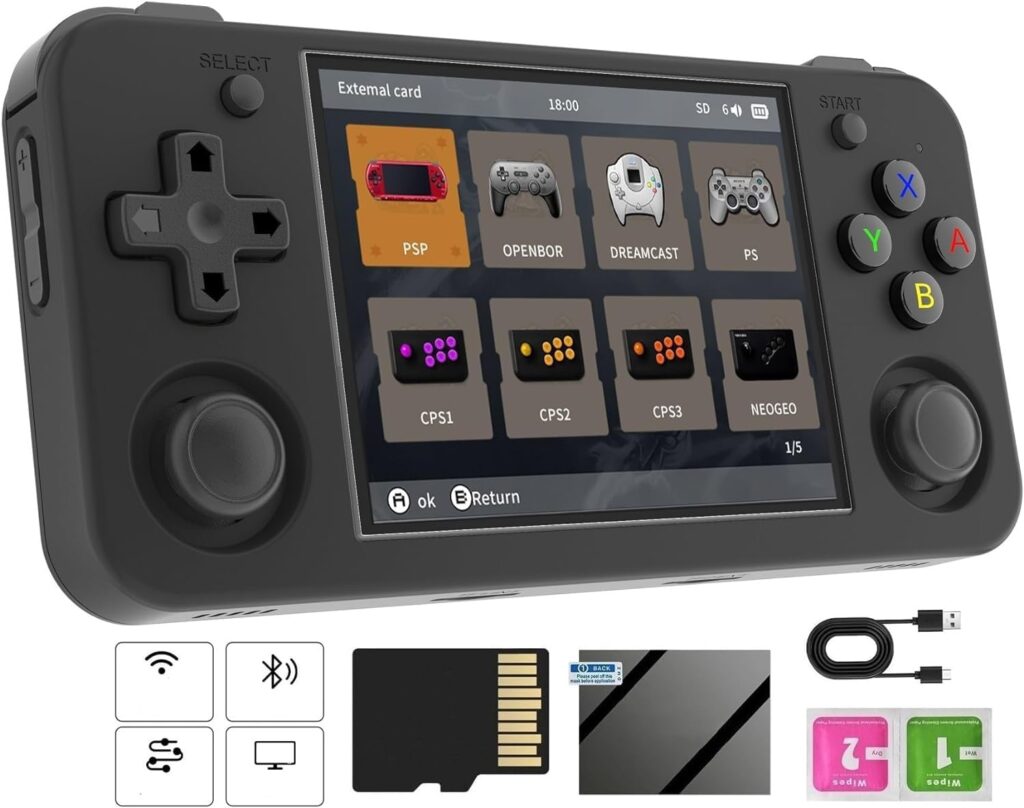 Máquina de Jogos Portátil Retrô RG35XX H, Cartão TF de 64 GB Integrado, Tela IPS de 3,5 Polegadas, Sistema Linux, Suporte a Mais de 5500 Jogos Clássicos, Gamepad sem Fio 2.4G/5G, TV, Monitor WiFi Bluetooth 4.2 - Preto. 2 612irz2s85L. AC SL1500