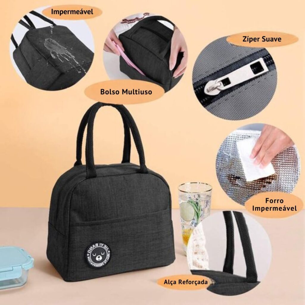 Bolsa Térmica com Alça Marmita Lancheira Fitness Academia Trabalho Cerveja Passeio Camping Versátil Compacta Premium (PRETO) 11 61eh98N59FL. AC SL1080